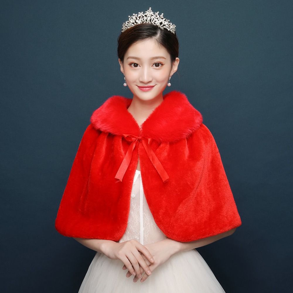 Blanc femmes hiver épaissir peluche Wrap étole coude longueur mariage mariée châle Cape veste chaude haussement d'épaules avec ruban à lacets