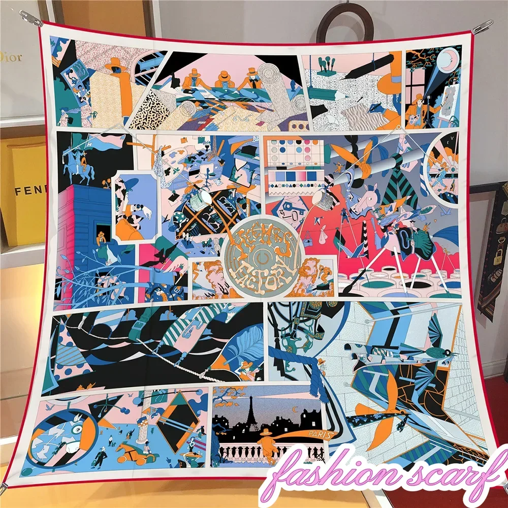 90CM dessin animé bande dessinée Puzzle polyvalent femmes décoratif sergé châle cadeau grande écharpe carrée foulard en soie Spot écharpe en gros