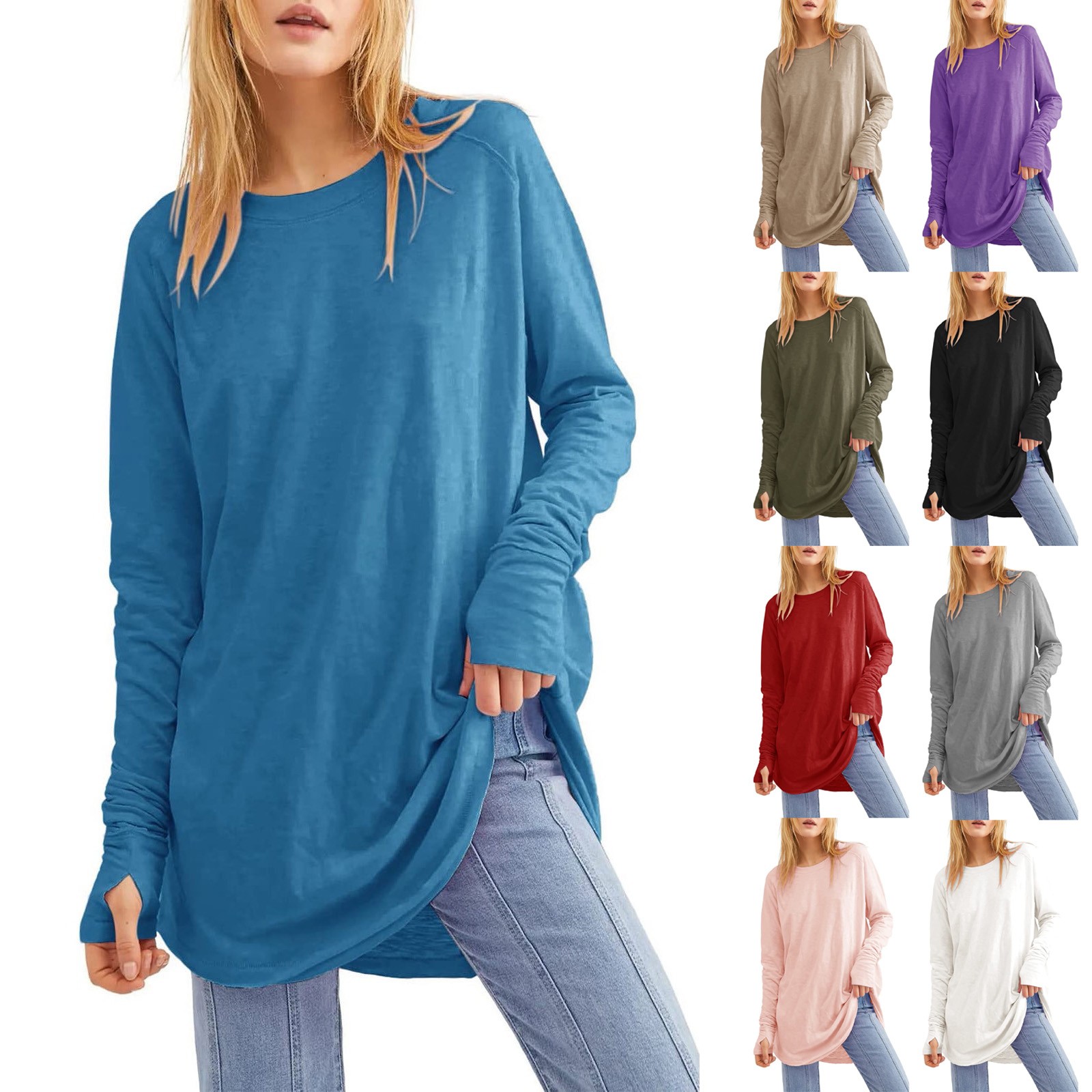Chemises à manches longues en Y pour femmes, coutures de documents solides, col rond, pull à épaules tombantes, haut à manches longues, mode