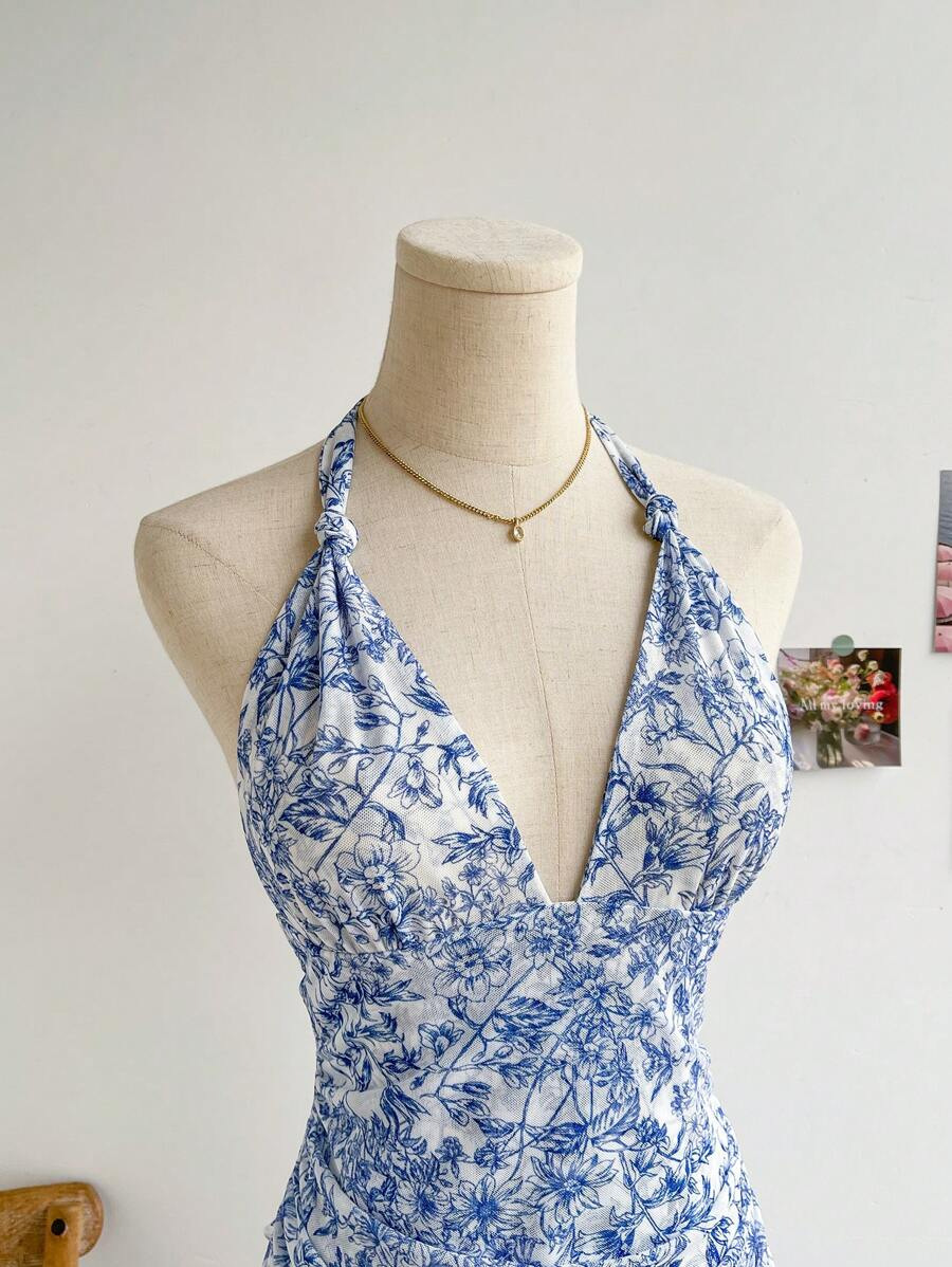 Robe d'été en maille bleue à fleurs pour femmes, col en V, sexy, élégante, douce, coupe ajustée, robe de soirée décontractée