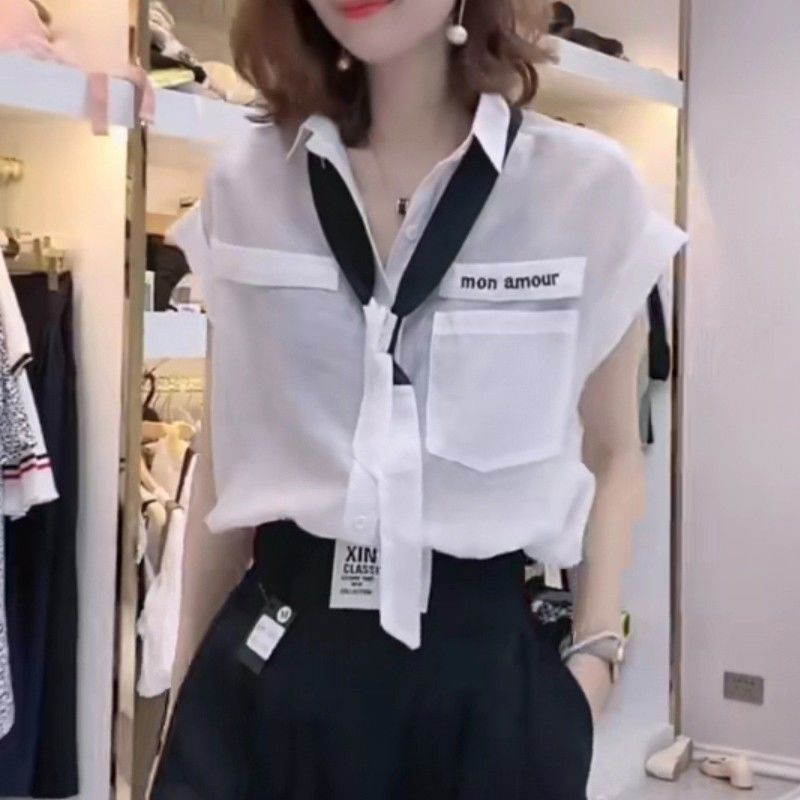 Chemise ample à col rabattu pour femme, vêtement de bureau, poches élégantes, Patchwork, cordon de serrage, couleur unie, été