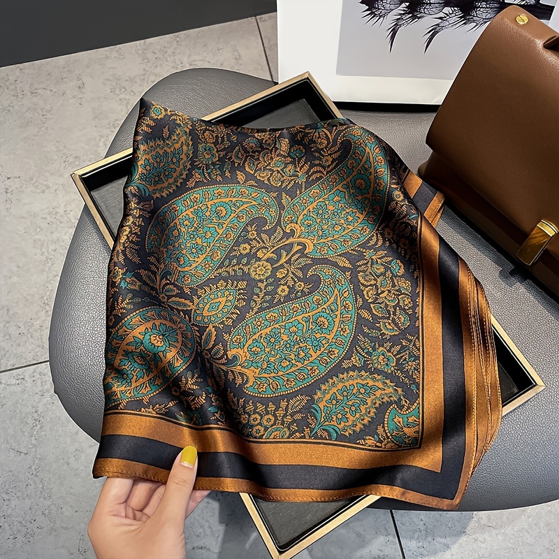 Foulard carré imprimé Imitation soie, foulard de tête pour femmes, accessoires de mode multifonctionnels, bandeau