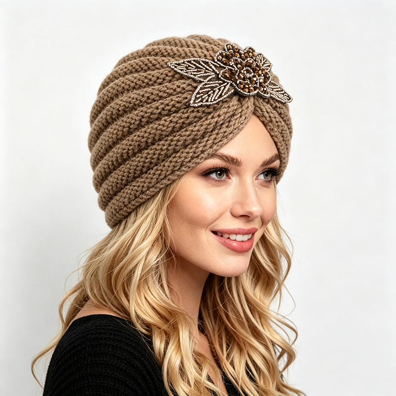 Bonnet Turban Tricoté avec Broderie Florale et Perles, Bandeau Torsadé, Bonnet Hijab Musulman d'Hiver, Bonnet Chimio, Accessoires pour Cheveux Femme
