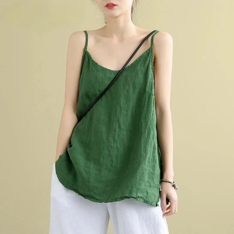 Hauts pour femmes, bretelles Spaghetti, Camis en coton et lin, col en V, Camisole d'été décontractée, sans manches, lin, débardeurs amples, 2025
