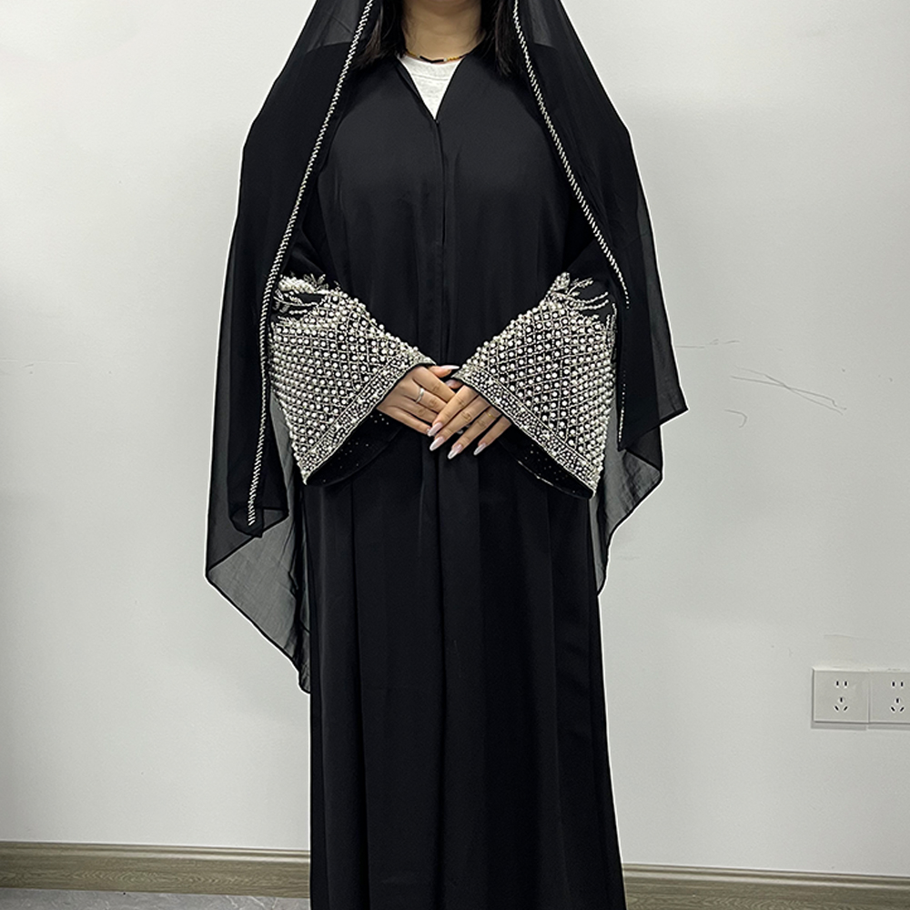 Abaya Modeste Eid Dubaï Printemps-Été pour Femme, Robe Musulmane Turquie Maroc, Kaftan Perlé Élégant de Luxe, Kimono, Ensemble Abaya et Hijab