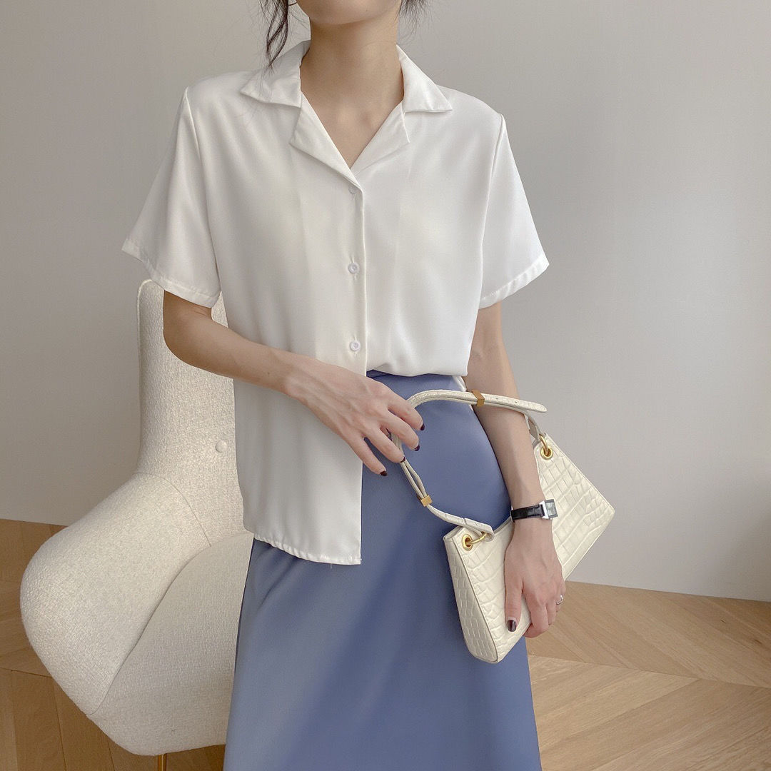 Chemisier en mousseline de soie pour femme, chemise élégante, manches courtes, col en V, décontracté, solide, coréen, chic, simple, tunique, été
