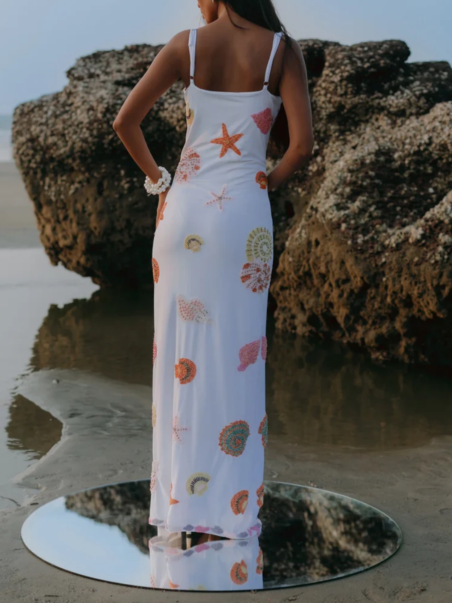 Robe longue imprimée coquille d'étoile de mer pour femmes, bretelles Spaghetti, dos nu, moulante, vêtements de plage, vacances d'été, 2025