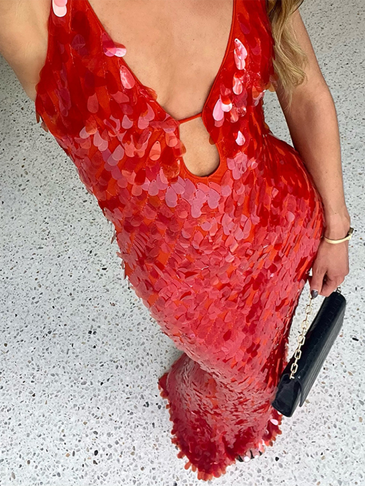 Sexy paillettes longue fronde robe de soirée femmes col en V sans manches rouge Maxi mince Robes femme 2025 été dame hanche paquet Robes nouveau