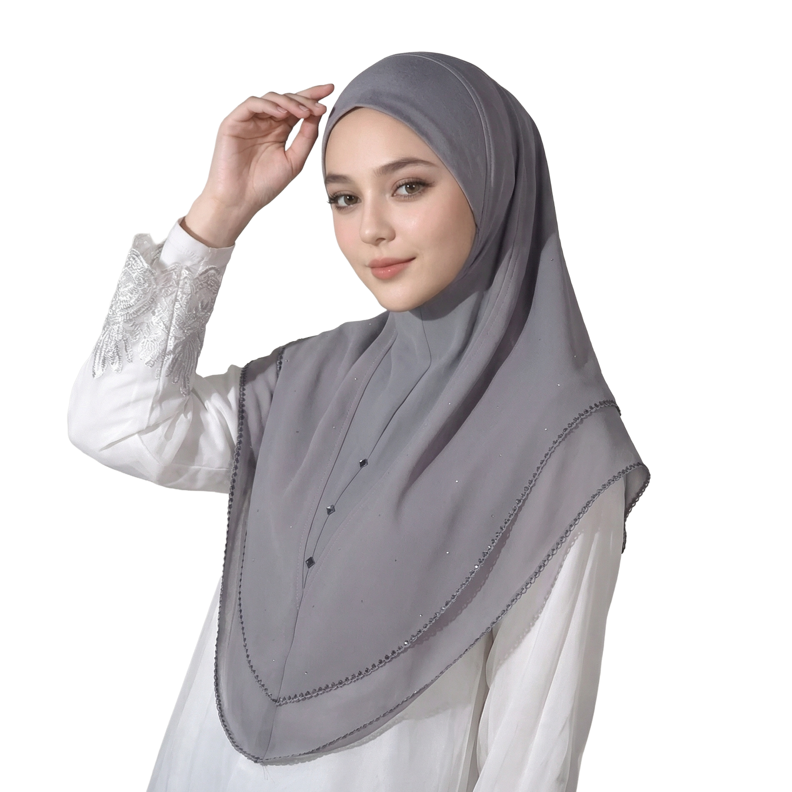 1 Hijab instantané pour femme musulmane, design à double couche en mousseline de soie avec motif étoilé orné de diamants, élégant, décontracté, tendance et magnifique, pratique à porter, adapté pour les occasions telles que le Ramadan et les cadeaux de l'Aïd.