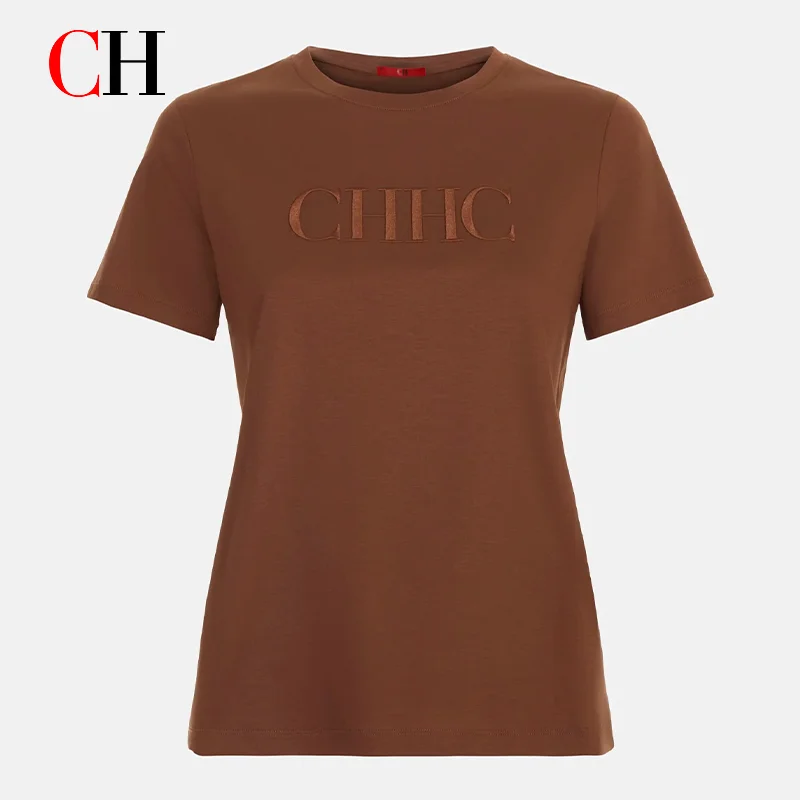 T-shirt élégant brodé de lettres CH 2026 en coton doux à manches courtes, col rond décontracté pour femme, idéal pour les tenues quotidiennes
