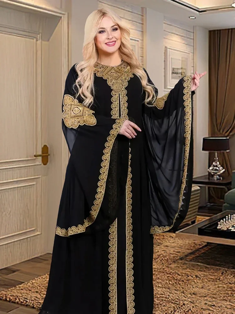 Abaya-Robes de soirée pour femmes, caftan musulman, manches évasées, robe brodée en dentelle dorée, trempée Jalabiya, Ramadan, ensemble de 2 pièces
