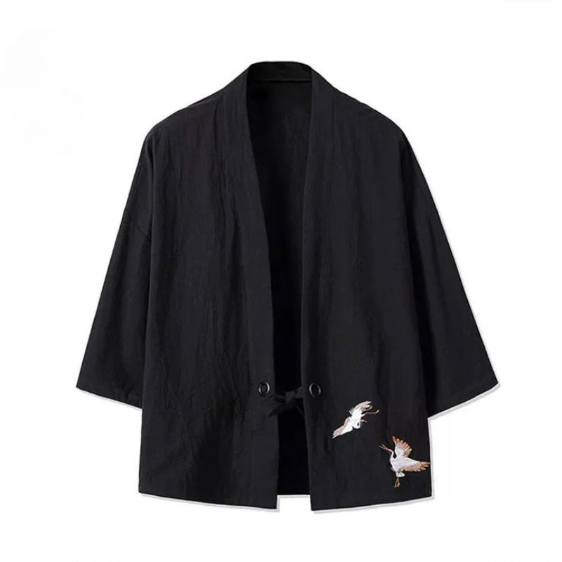 Kimono pour homme avec broderie de grue, style japonais Harajuku, chemise ouverte décontractée, chemise traditionnelle à manches courtes pour homme, coupe ample décontractée