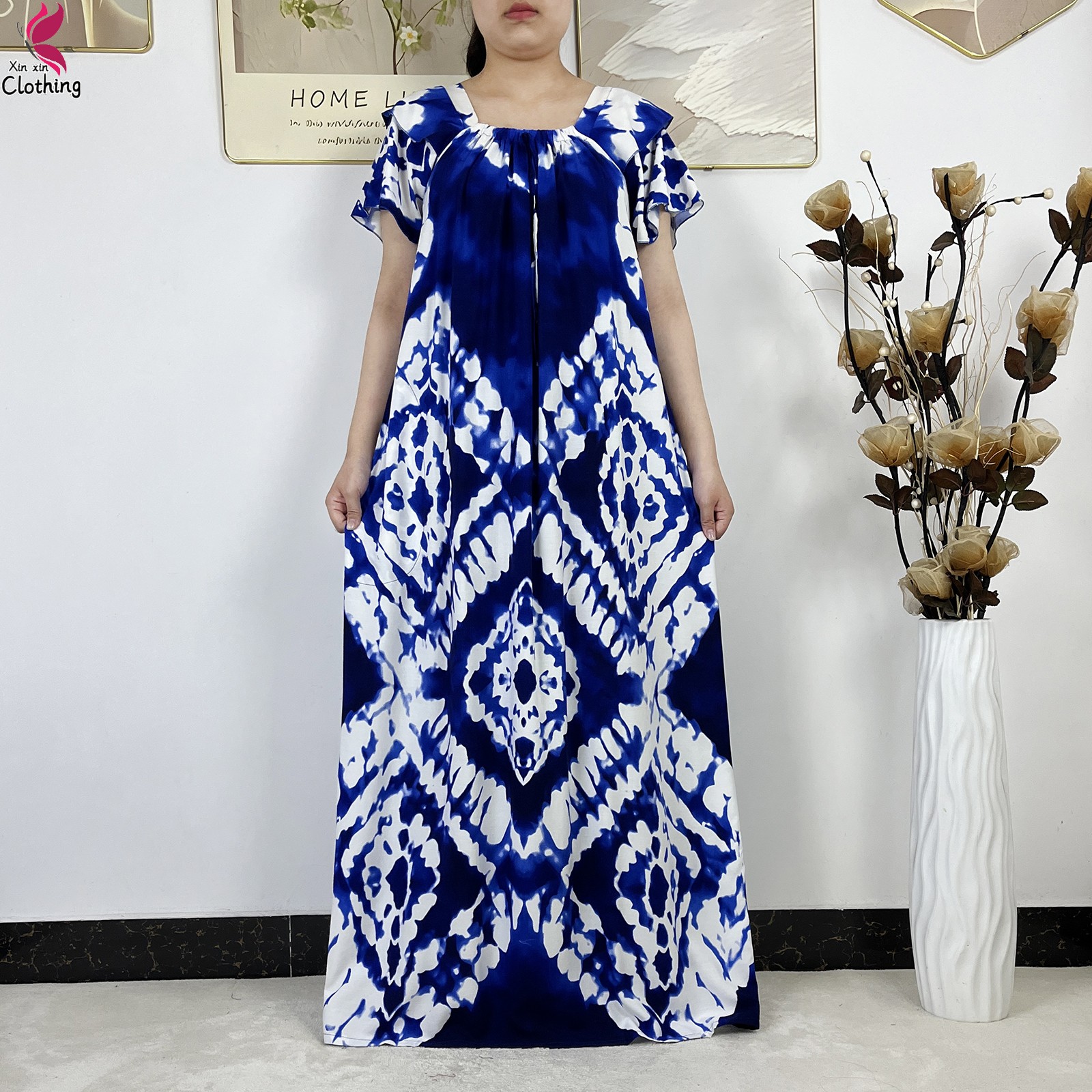 Nouvelle Robe Musulmane Élégante Tie-dye Col Bateau Manches Courtes Coton Femme Abaya Bohème Maxi Robe Décontractée Vêtement Africain Abaya