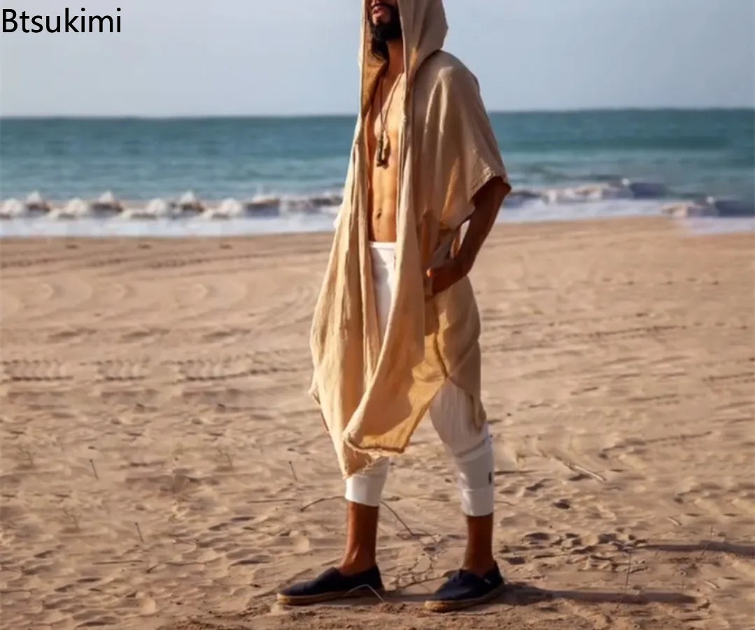 Cardigan mi-long décontracté pour homme 2026 – Protection solaire, style vacances à la plage, châle long à capuche pour homme