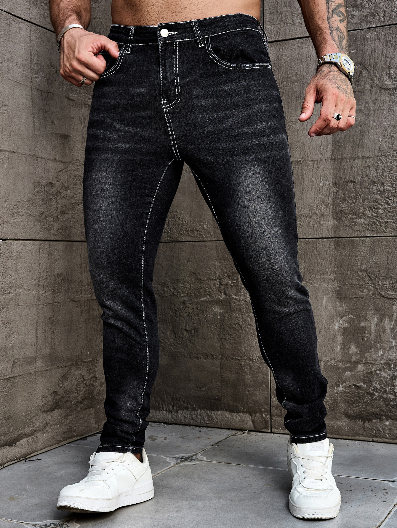 Pantalon en jean pour homme, coupe slim, extensible, délavé noir, style décontracté