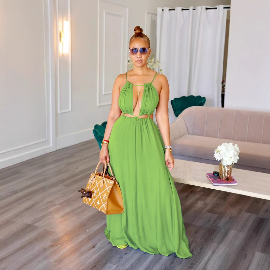2025 femmes robe vacances d'été solide robes longues Sexy cordon à lacets sans manches robes Para Mujer Club tenues de fête