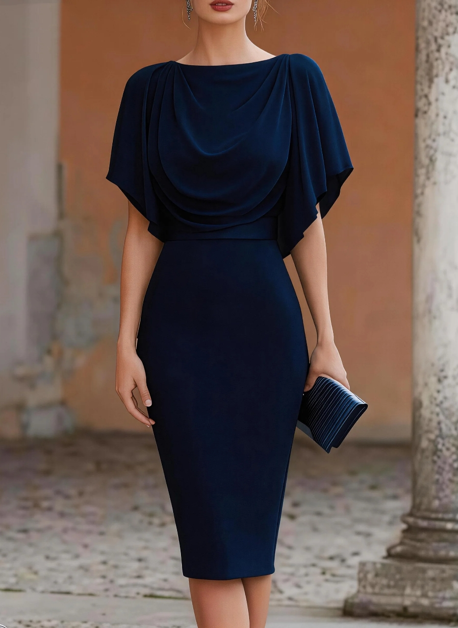 Robe midi à manches courtes pour femme, col bénitier, haut drapé style cape, jupe moulante, élégante pour soirée, cocktail ou occasion spéciale