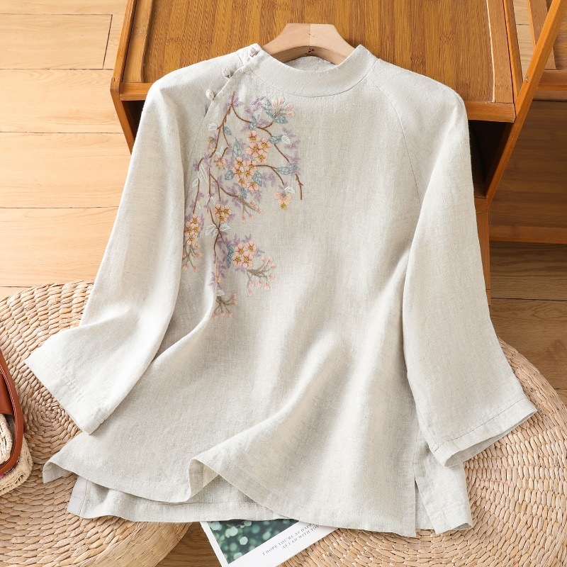 Chemisiers pour femmes de Style chinois chemise brodée coréenne mode ample printemps/été vêtements en coton et lin trois quarts haut pour femme