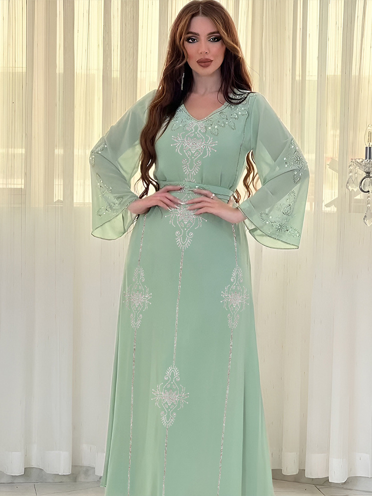 Eid Jalabiya-Robe de soirée musulmane pour femme, abayas arabes à lacets en diamant, robes longues, robe élégante, robe éducative pour le Ramadan
