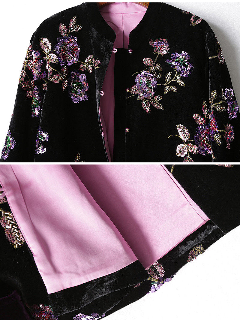 Veste en velours de luxe pour femmes, veste vintage à fleurs brodées et à sequins, élégante, rétro, vêtement d'extérieur tendance, veste statement.