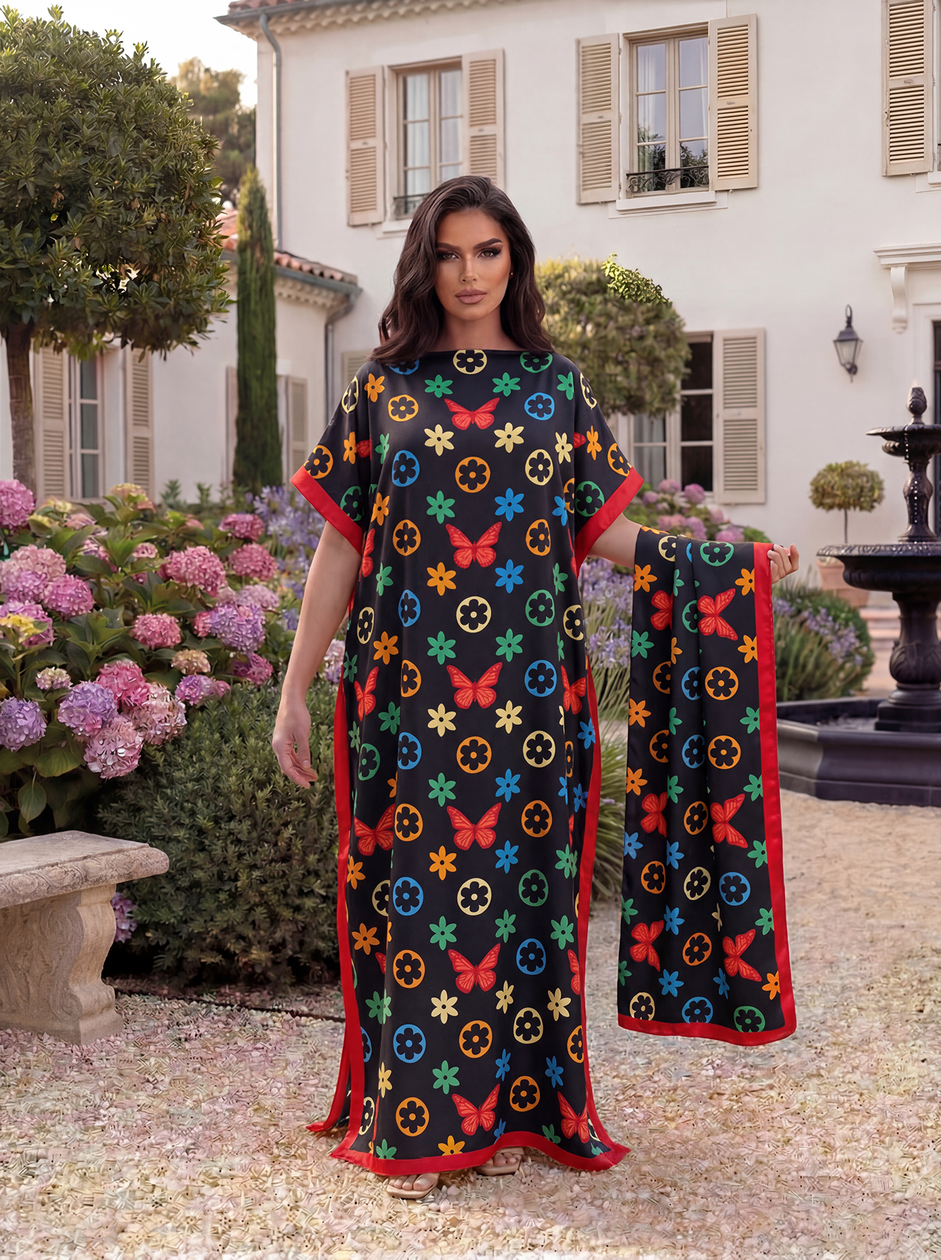 Abaya à imprimé floral de Dubaï avec foulard, kaftan maxi ample à col bateau et manches chauve-souris pour femmes musulmanes africaines