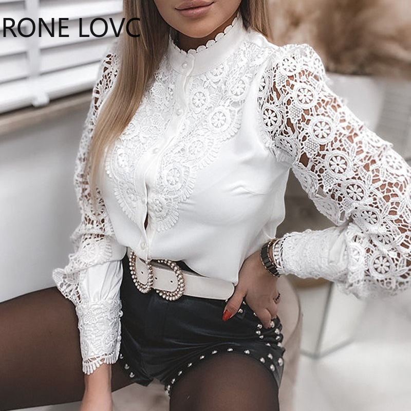 Chemisier en dentelle à col blanc pour femmes, chemises élégantes pour dames de bureau, patchwork, évider, boutonné, mode, nouveau, 2024