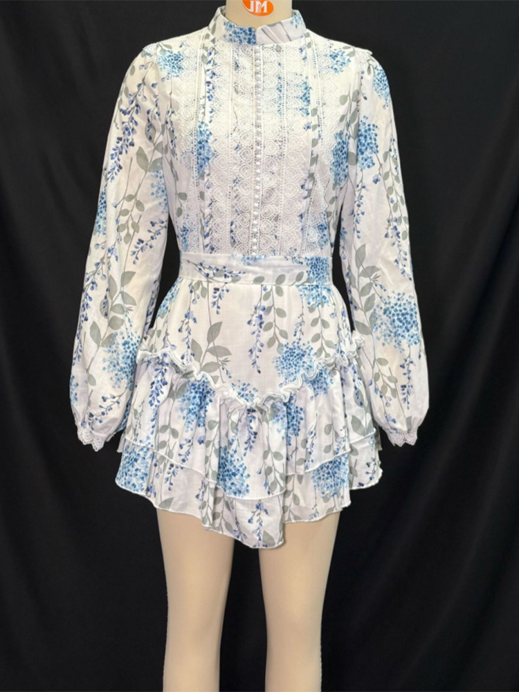 Mini robe imprimée décontractée pour femmes, ample, col rond, manches longues, ceinture, dentelle, mode d'été 2021, Chic, à volants