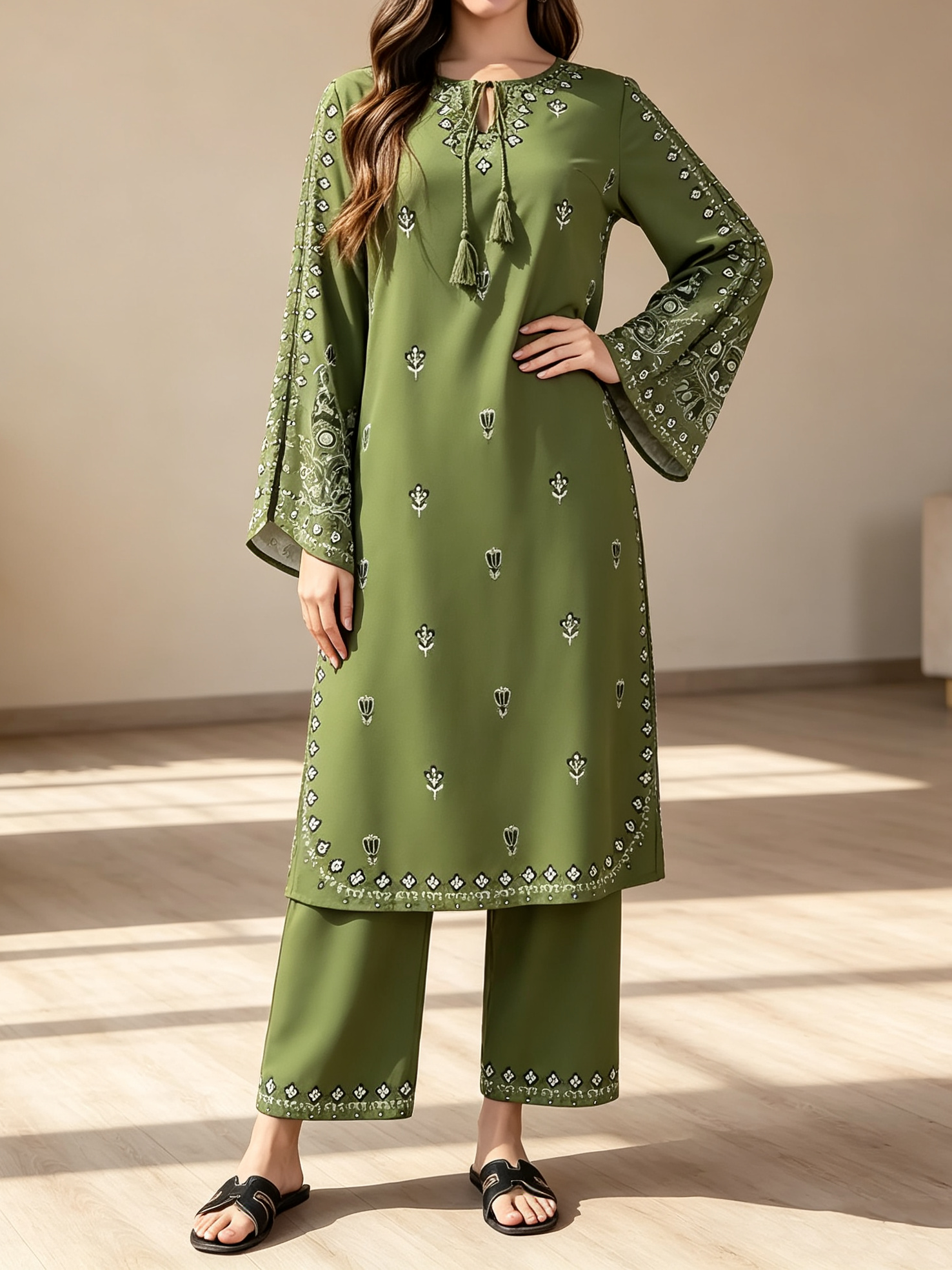 Ensemble Salwar Chic Bohème 2 Pièces, Imprimé Ethnique, Léger et Non Transparent, Mode Ramadan avec Poignets et Ourlet Évasés pour Femme, Idéal pour l'Extérieur