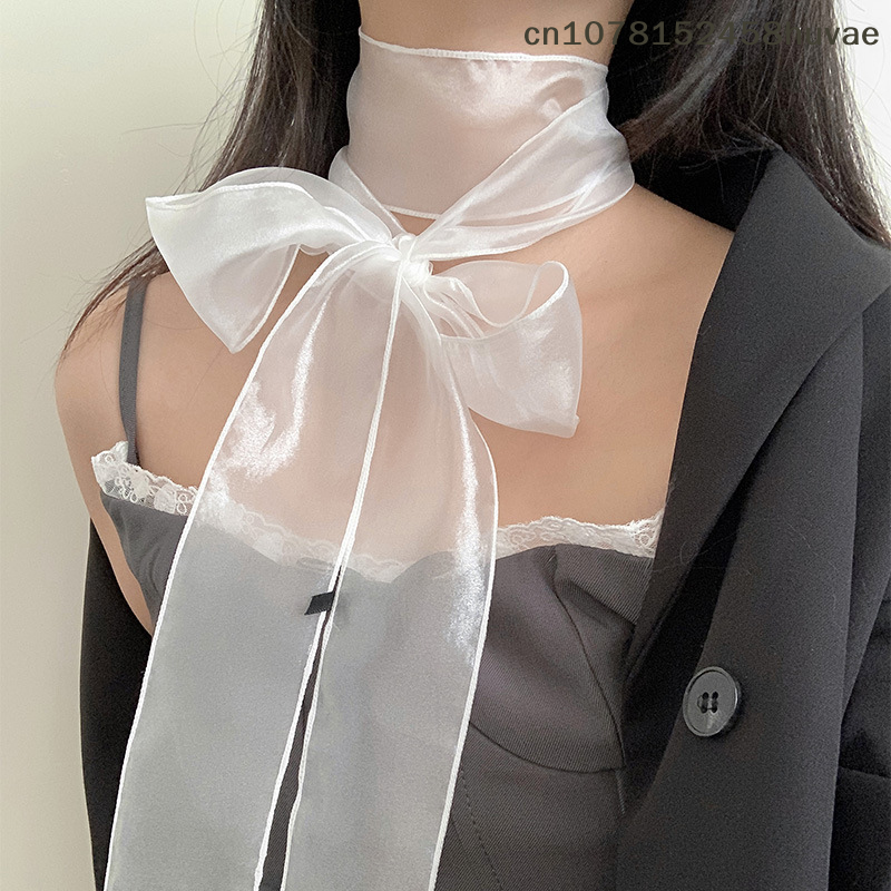 Foulard en fil transparent long et étroit avec ruban, style mode Printemps-Été, pour femmes et filles, idéal pour le shopping, la photographie et comme cadeau