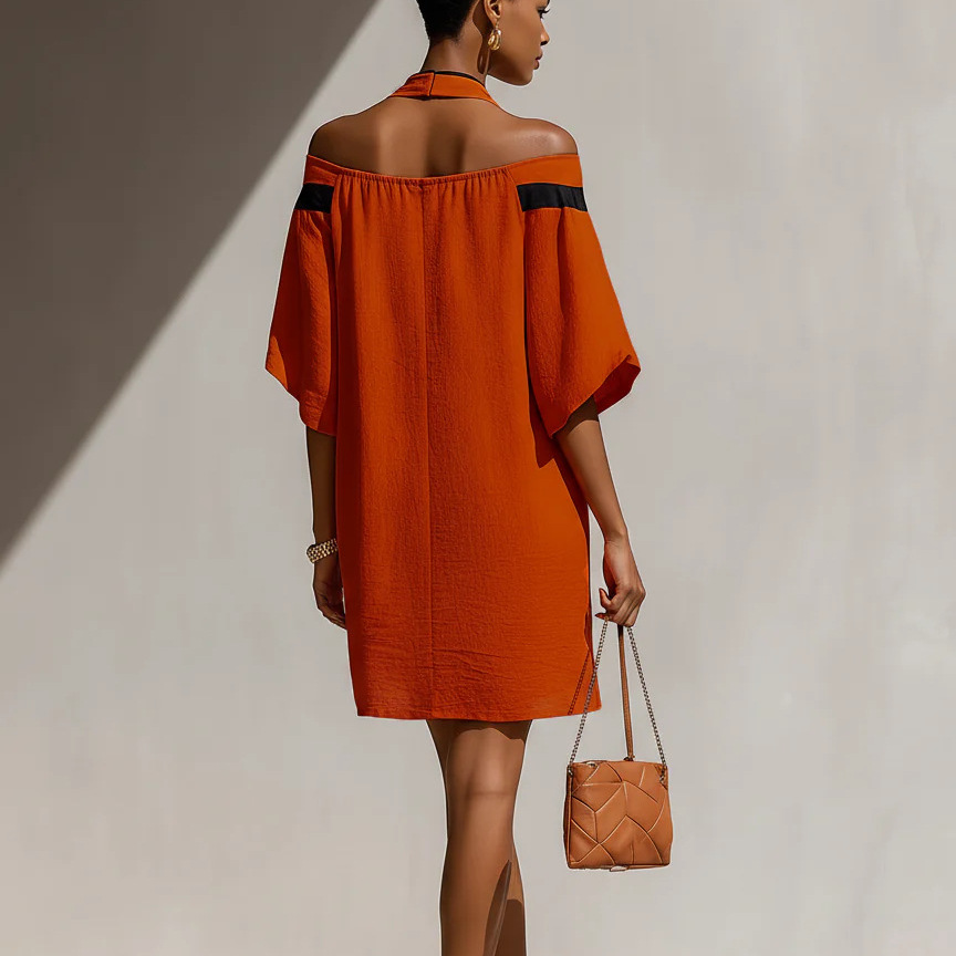 Nouvelle Robe Mini Chic Décontractée pour Femme, Élégante, Épaules Dénudées, Col Halter, Nœud, Manches Courtes, Coupe Ample, Idéale pour les Fêtes, Collection Été 2026