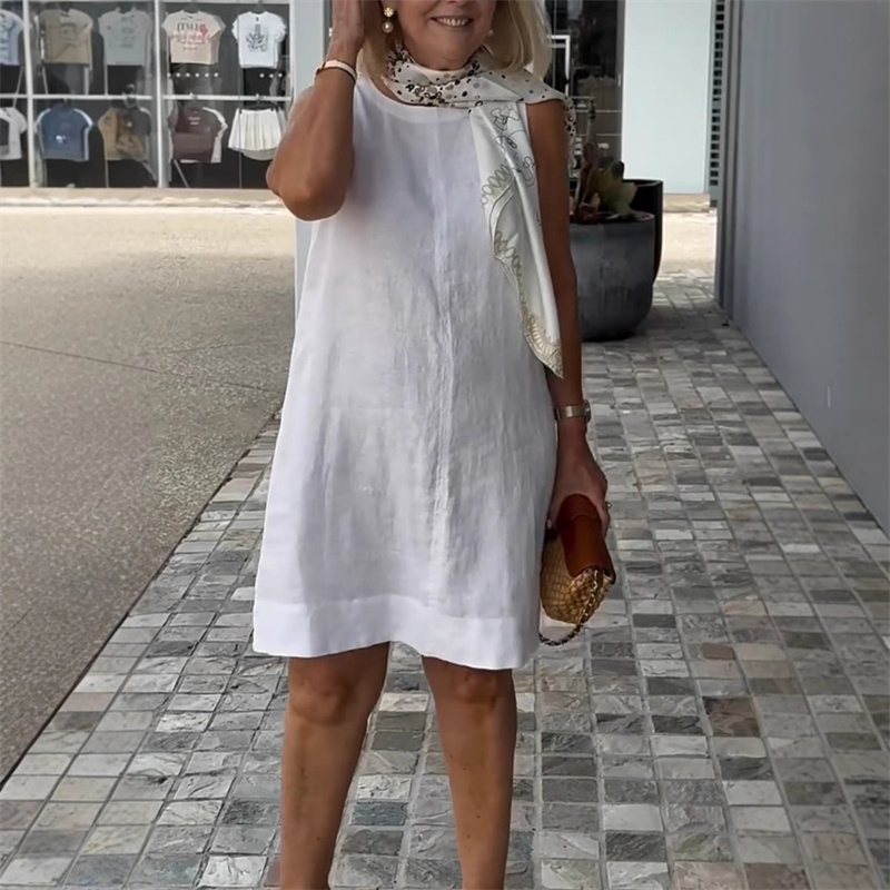 Femmes confortable coton lin couleur unie robes élégant col rond robe été décontracté banlieue taille haute sans manches robe 2025