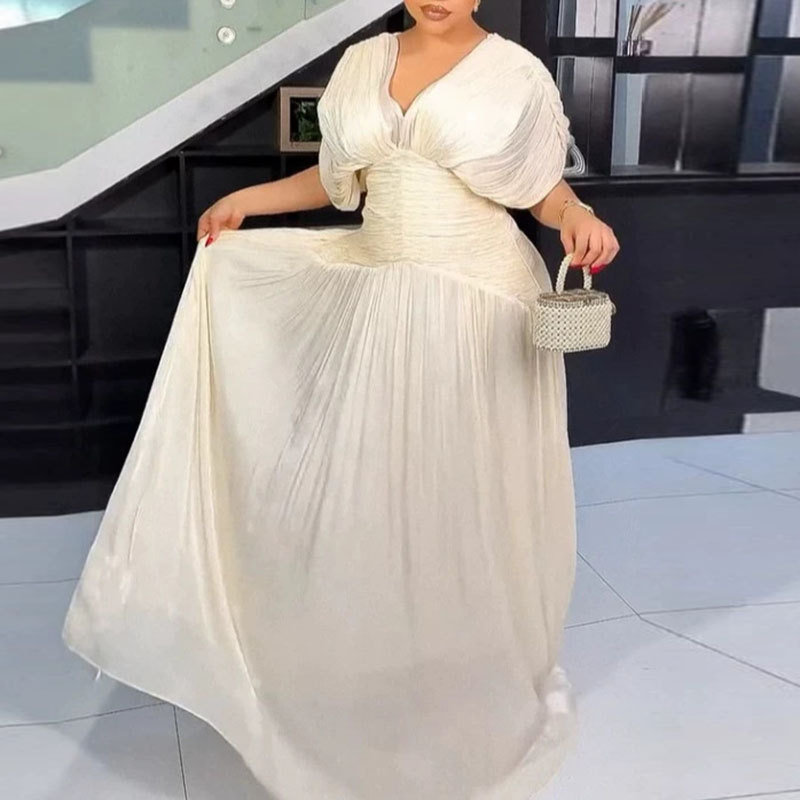 Robe longue décontractée pour femme, col en V, taille haute, drapée, dos nu, plissée, manches chauve-souris, couleur unie, Printemps 2026, Été
