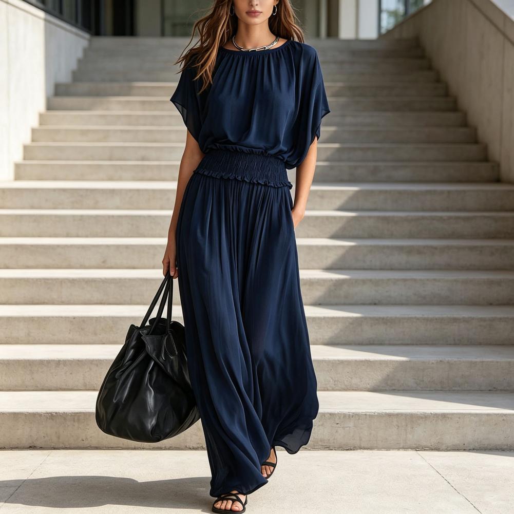 Robe longue en mousseline pour femme, col bateau, manches courtes, coupe trapèze, poches, fluide, pour cocktail, soirée, invitée de mariage, style bohème