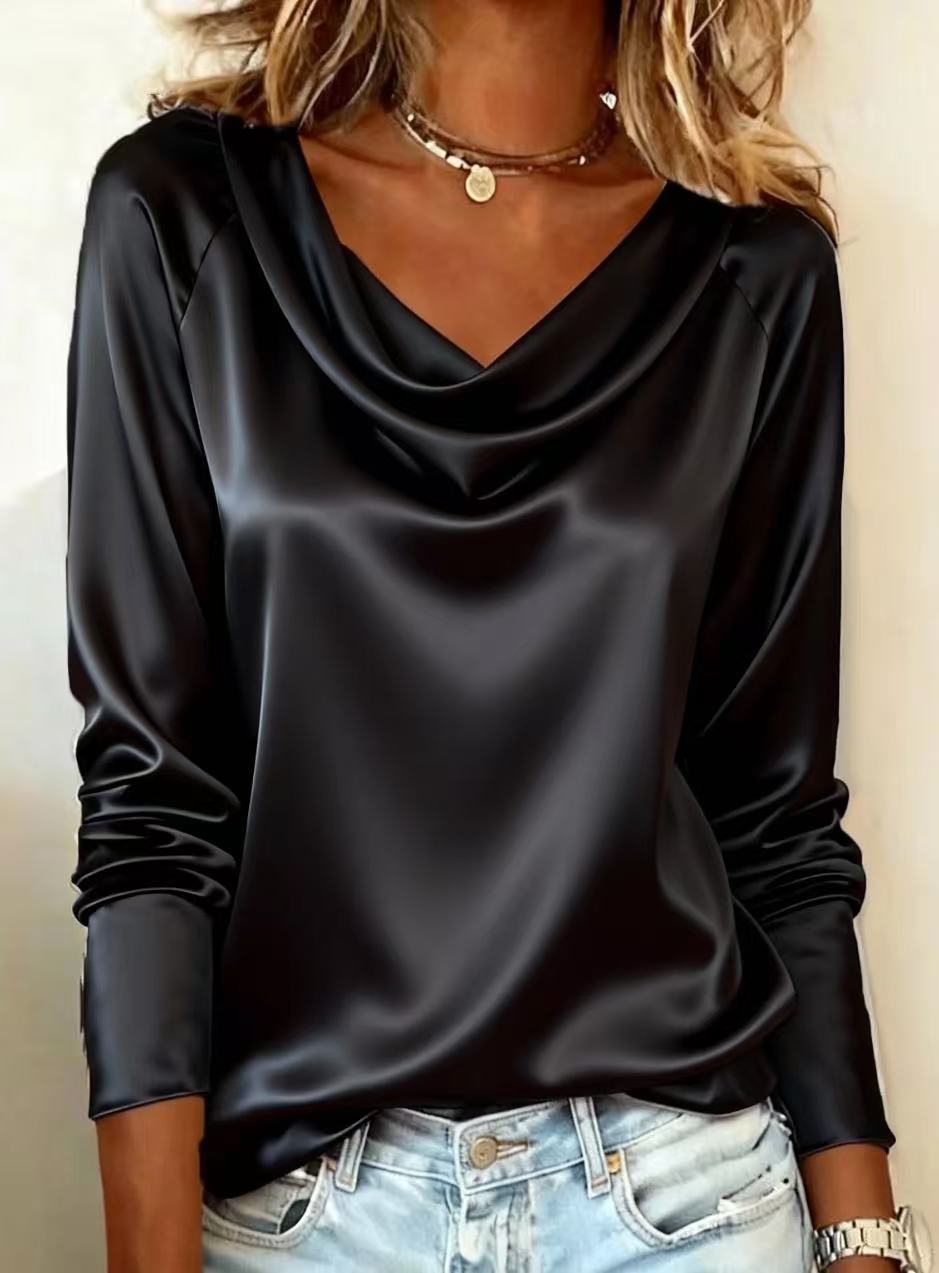 Chemise à manches longues en satin pour femme - Col bénitier - Couleur unie - Soie - Style haut - Pour un look décontracté et de bureau