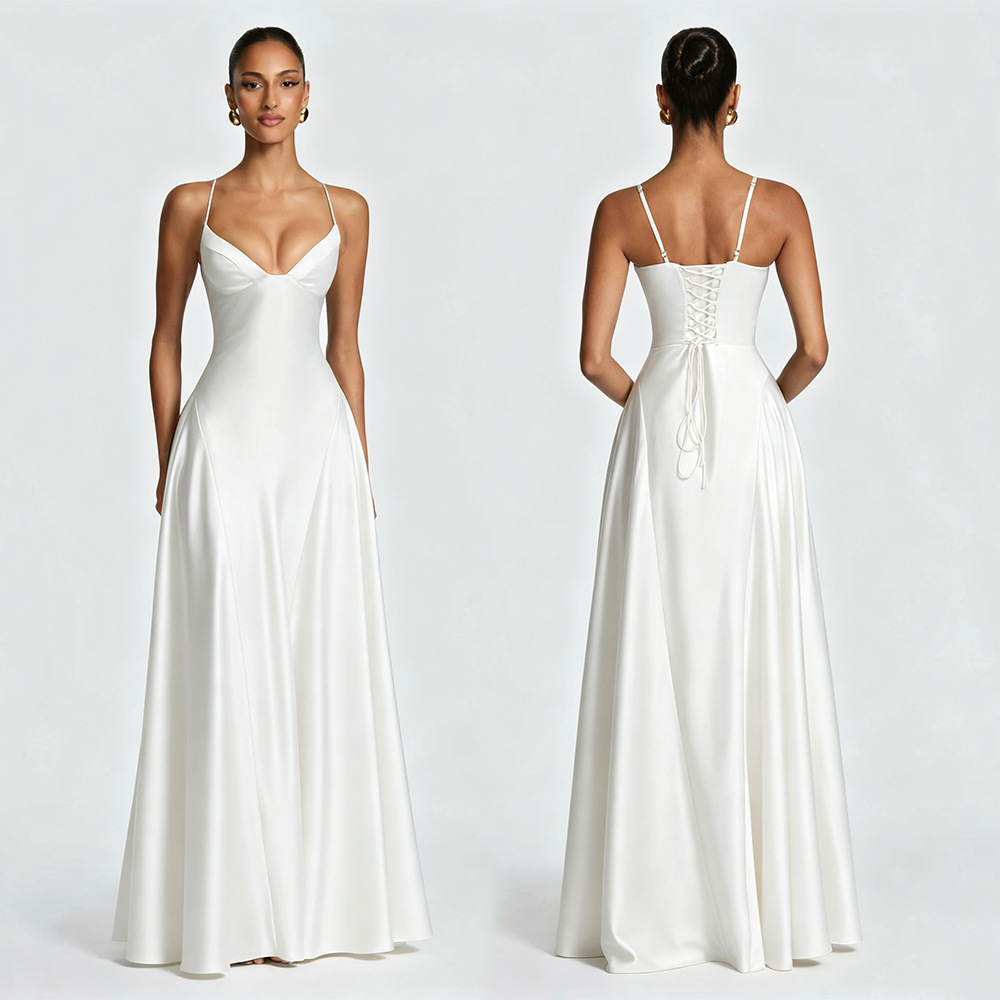 Robe longue en satin, style corset, dos nu, robe maxi décontractée pour femme, robe de soirée, robe d'invitée de mariage, bleu, noir, jaune, blanc, rose, robe de bal