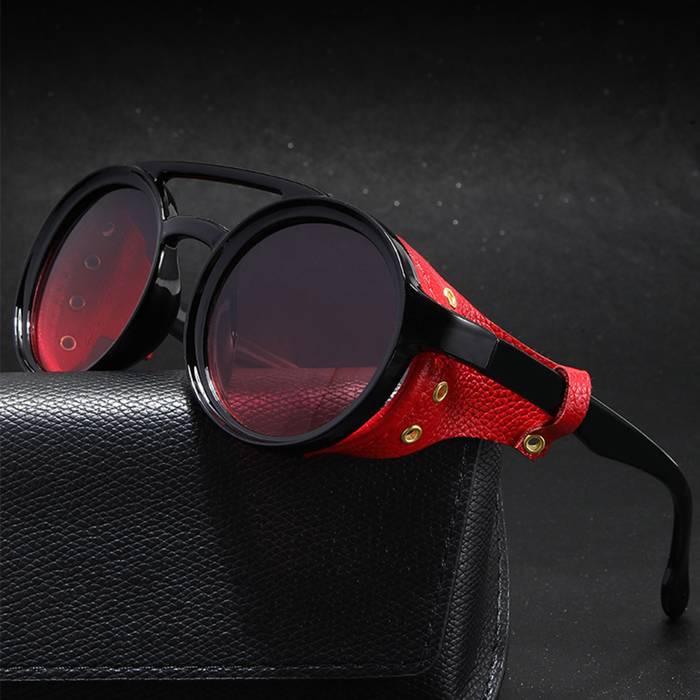 Lunettes de soleil rondes rétro steampunk pour hommes et femmes, en cuir, style punk vintage, protection UV400, anti-vent, pour sports de plein air et équitation
