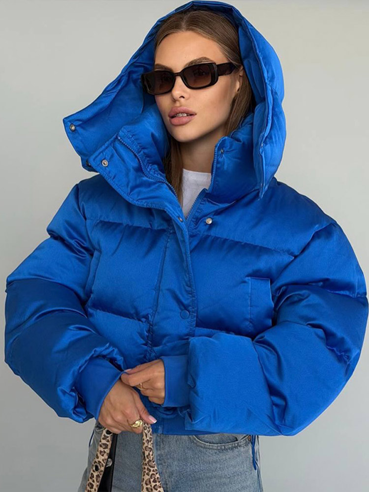 Veste courte matelassée pour femme, à capuche amovible, taille ajustable par cordon, épaules tombantes, manches longues, coupe ample, veste d'hiver rembourrée.