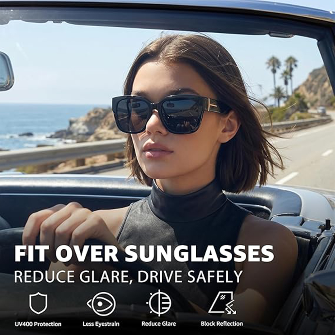 Lunettes de soleil polarisées à porter par-dessus les lunettes de vue pour femmes, protection UV, lunettes tendance carrées enveloppantes pour la conduite et l'équitation