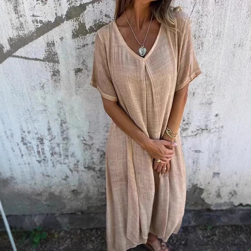 Robes pour femmes 2026 Nouvelle collection été-printemps-automne en coton et lin, col en V, couleur unie, longue robe, vêtements pour femmes, vestidos