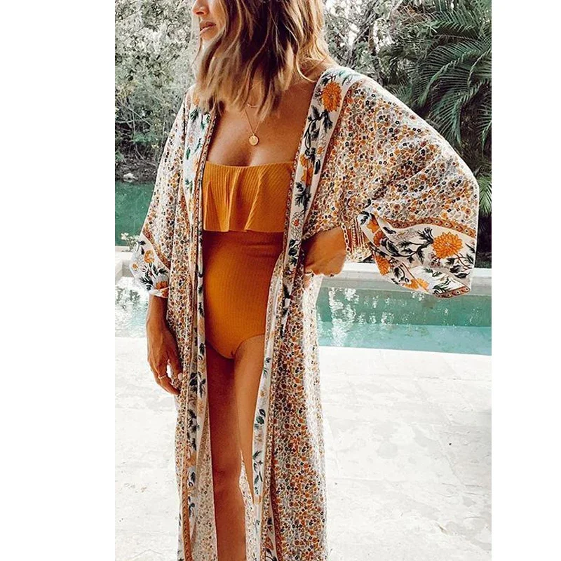 TEELYNN-Cardigan kimono long pour femme, chemise vintage, imprimé floral, style boho, robe de plage, été 2024