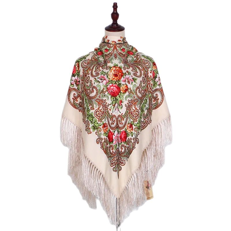 Foulard National russe pour femmes, 130x130cm, Bandana Floral de luxe, châle ukrainien à franges, grande taille, mouchoir, bandeau Babushka