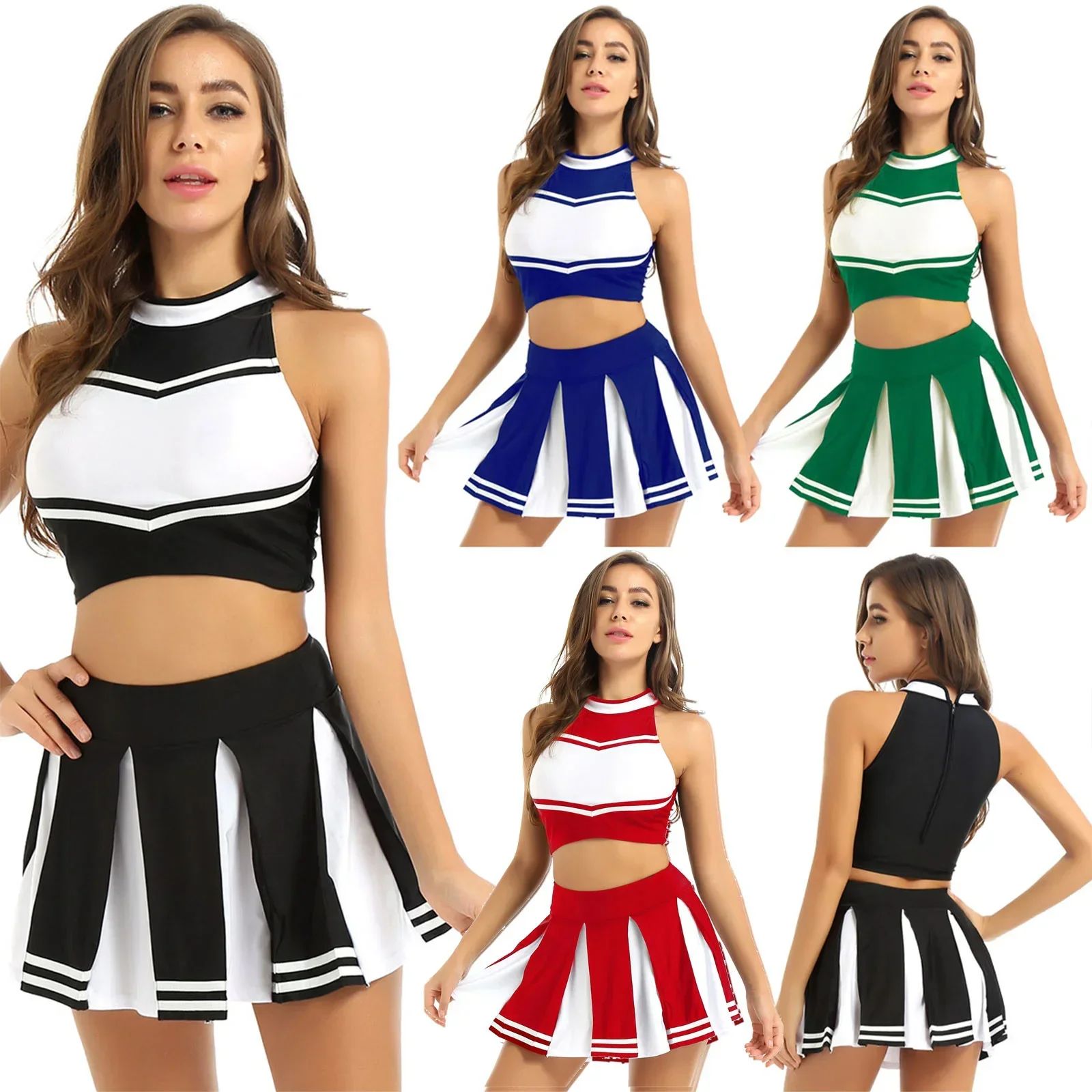 Costume de carnaval 2 pièces pour femmes adultes, uniforme de pom-pom girl, tenue de Cosplay, haut court avec Mini jupe, déguisement d'halloween, fête