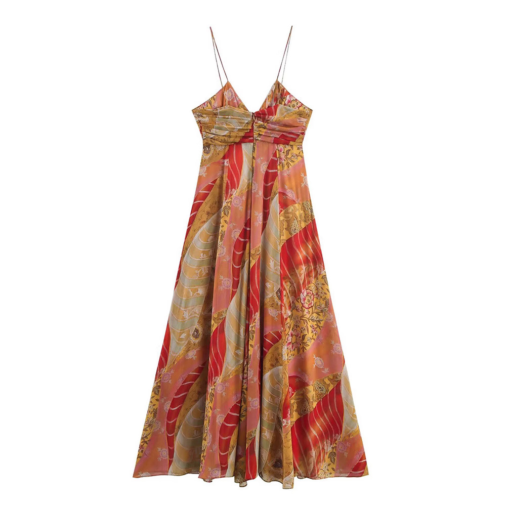 PRINTKAOIR imprimé femmes Robe longue dos nu plis a-ligne grand ourlet Robe 2025 été élégant femme fête vacances robes