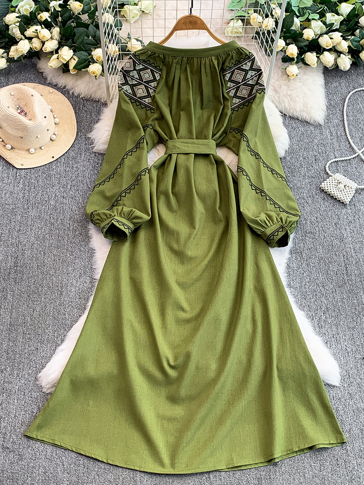 Robe brodée pour femmes, Style ethnique bohème, longue, col rond, Style académique, mélange de lin et de coton, printemps-automne, DS255