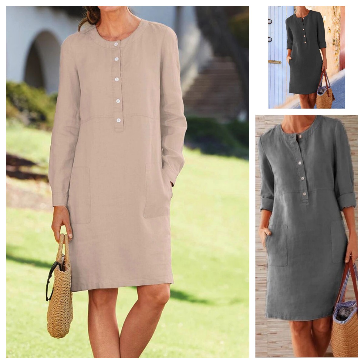 Femmes confortable décontracté coton lin robes 2025 automne couleur unie poches latérales robe femme O cou pull à manches longues robe