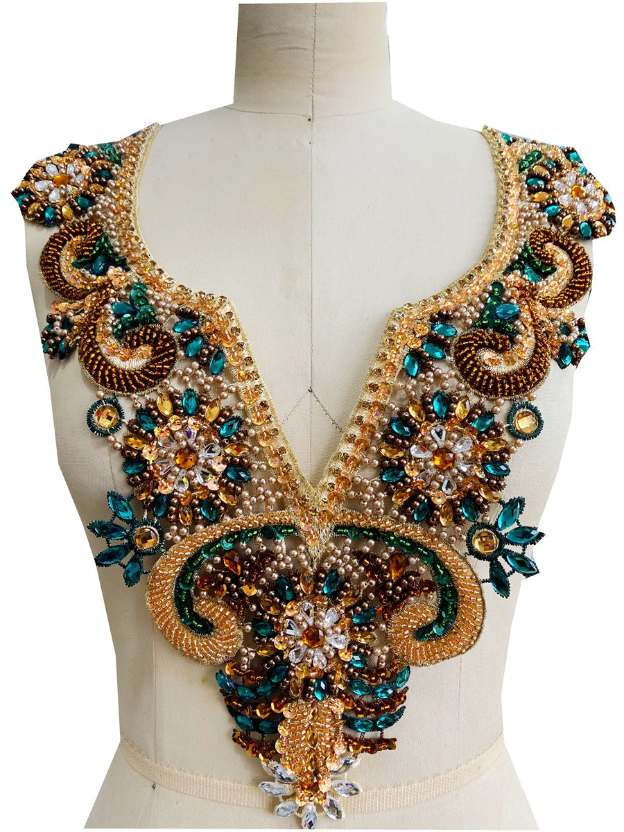 5 Style National col en V Tulle vêtements décoration arabe robe musulmane tissu de luxe à la main paillettes cristal diamant chaud matériel
