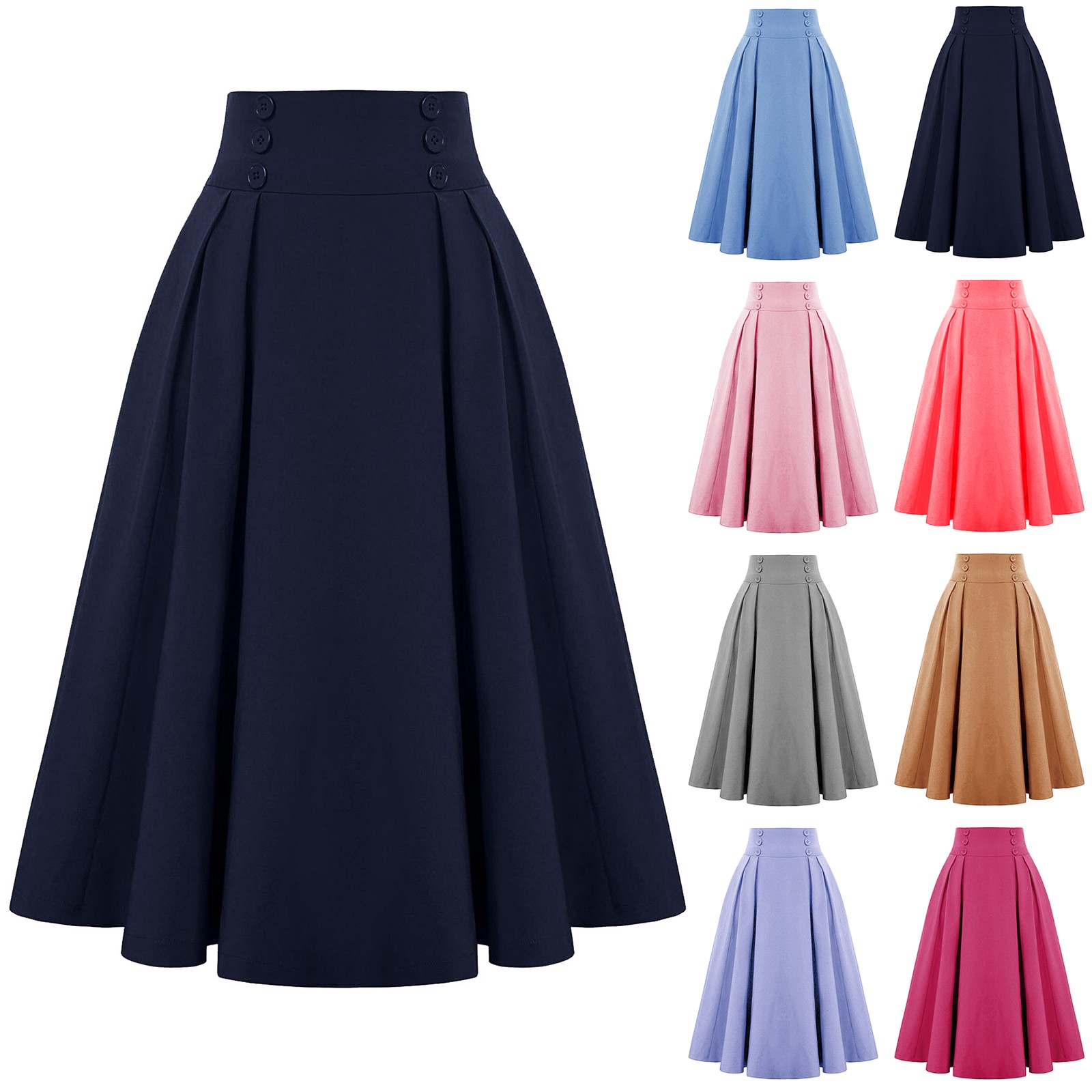 Femmes Vintage a-ligne jupes élégant taille haute bouton grande balançoire jupe plissée solide Rockabilly fête jupes longues Faldas
