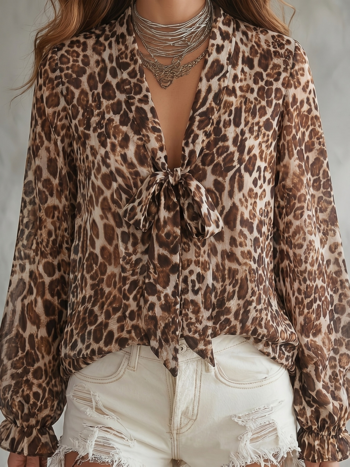Chemisier élégant en mousseline à imprimé léopard pour femmes, manches longues, col en V, nœud papillon, transparent, décontracté, pour soirée et streetwear.