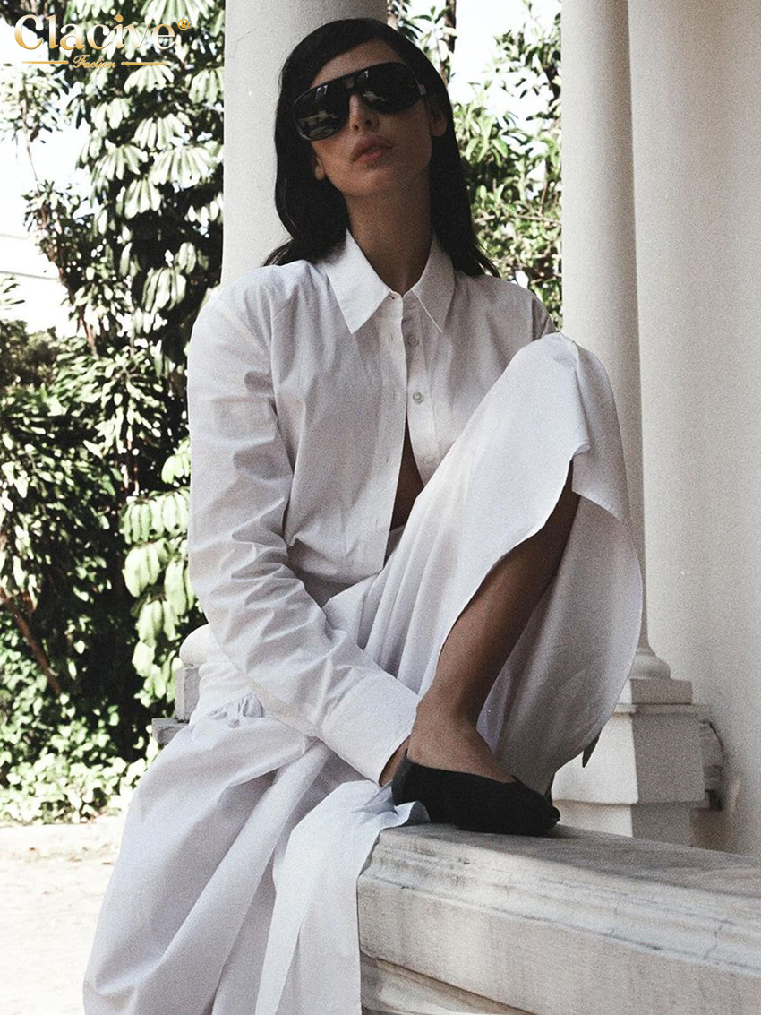 ClacMarkets-Robe décontractée en coton blanc pour femme, manches longues, longueur de rinçage, revers élégant, robe femme classique, mode adt, 2025