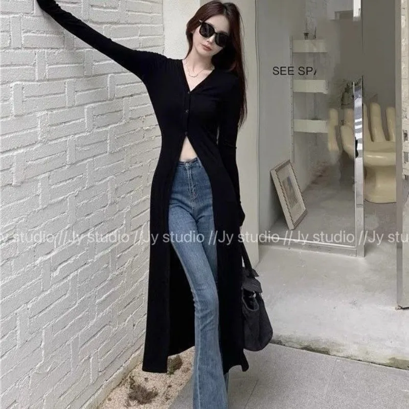 Chemises noires à manches longues et col en V pour femmes, cardigan mince, coupe-vent mi-long, chemisiers minces, streetwear chic, automne, Y-Y2K